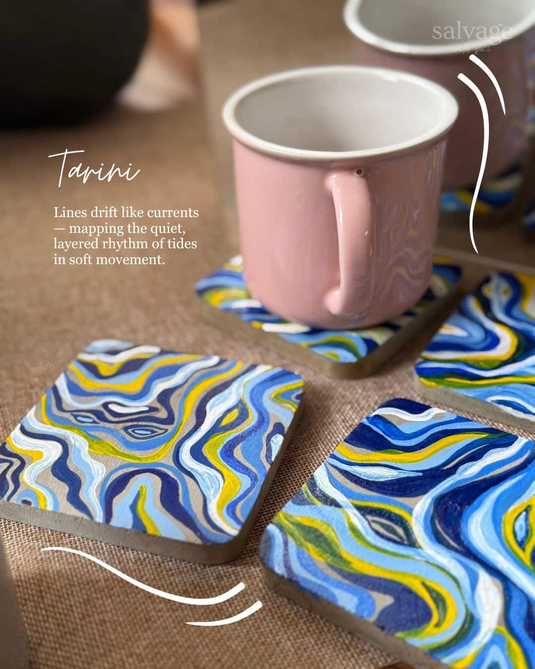 19 Blue marbled coaster set artisan Unique stone coasters slow living Ocean-inspired handpainted coasters India